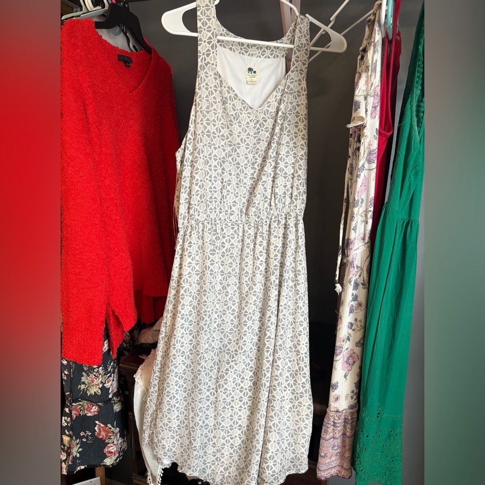 Lucky Brand White Gray Geometric 100% Silk Patterned Midi Dress large